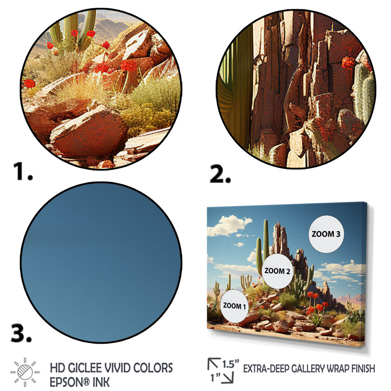 Cactus vert et bleu du désert au Nevada - Art mural floral cactus, Cadre doré à coins fermés, H 34 po x l 44 po x P 1,5 po