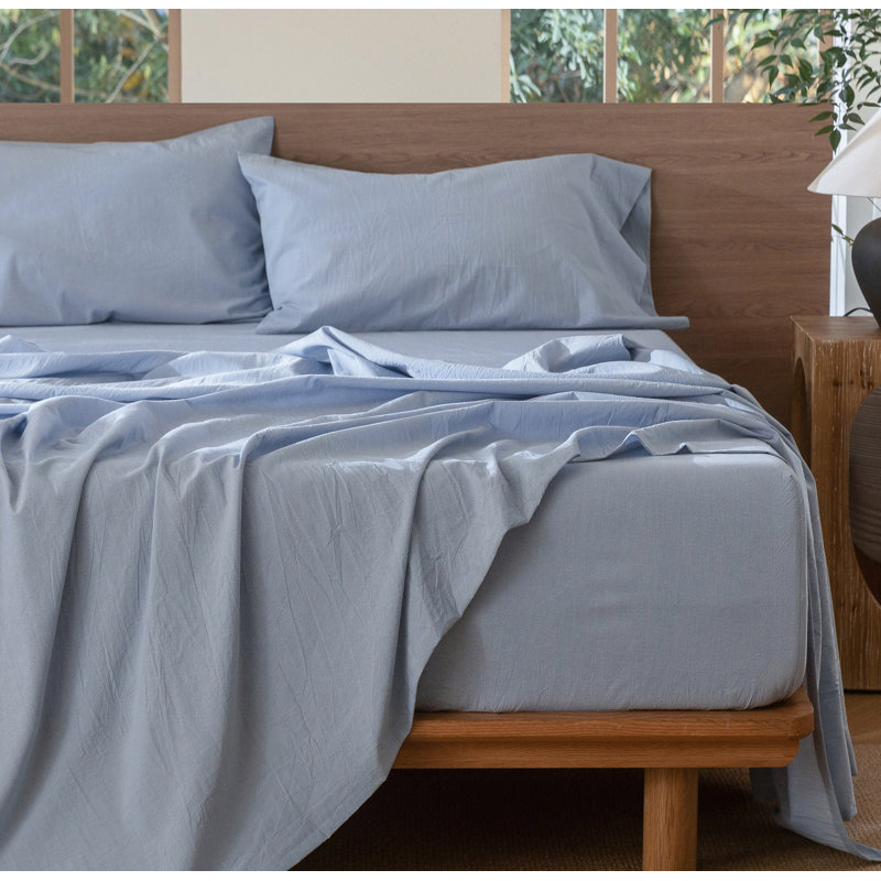 Ensemble de draps 100% coton délavé MooMee, Bleu bleuet, Ensemble de draps très grand californien avec 2 t