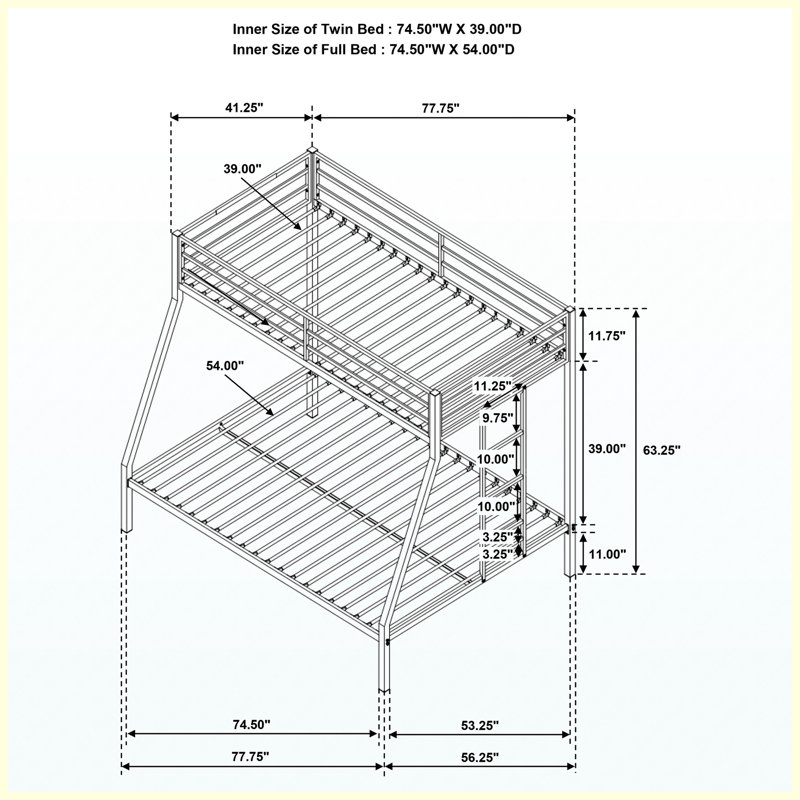 Structure de lit simple superposé au dessus d'un lit double en métal noir, mobilier de chambre peu encombrant