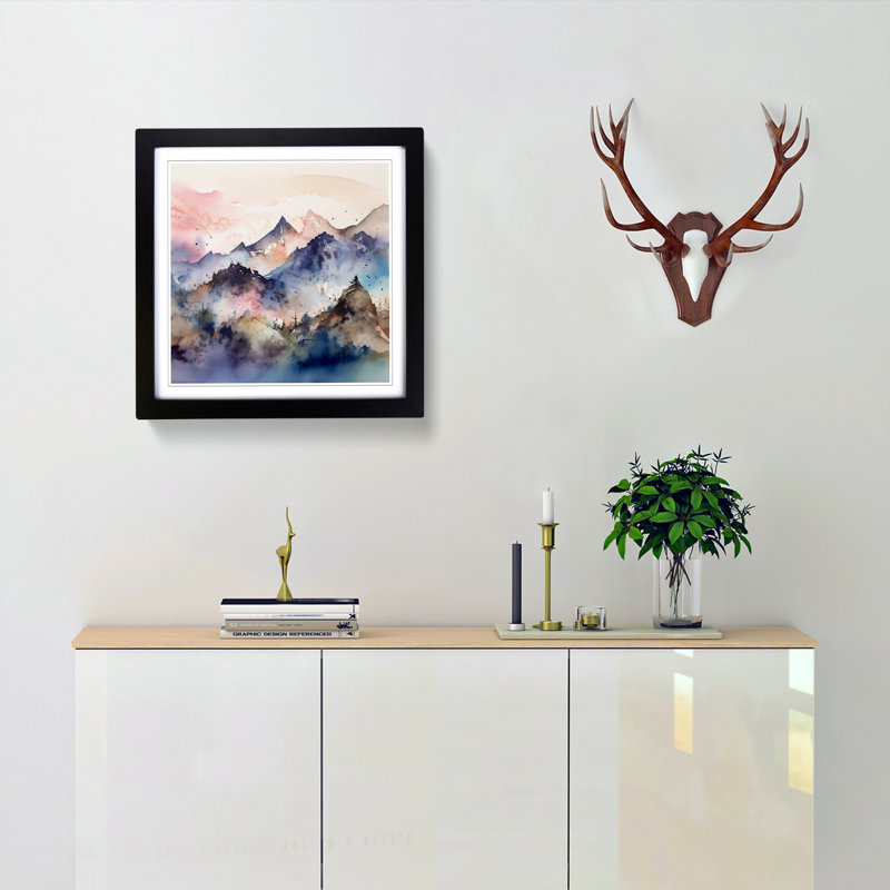 Japanese Mountains Watercolour No.1 - Single Picture Frame Print on Wood, Black