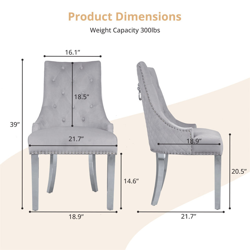 Chaises de salle à manger Devleta en velours, chaises capitonnées de style Mid-Century avec pieds en métal, Gris clair