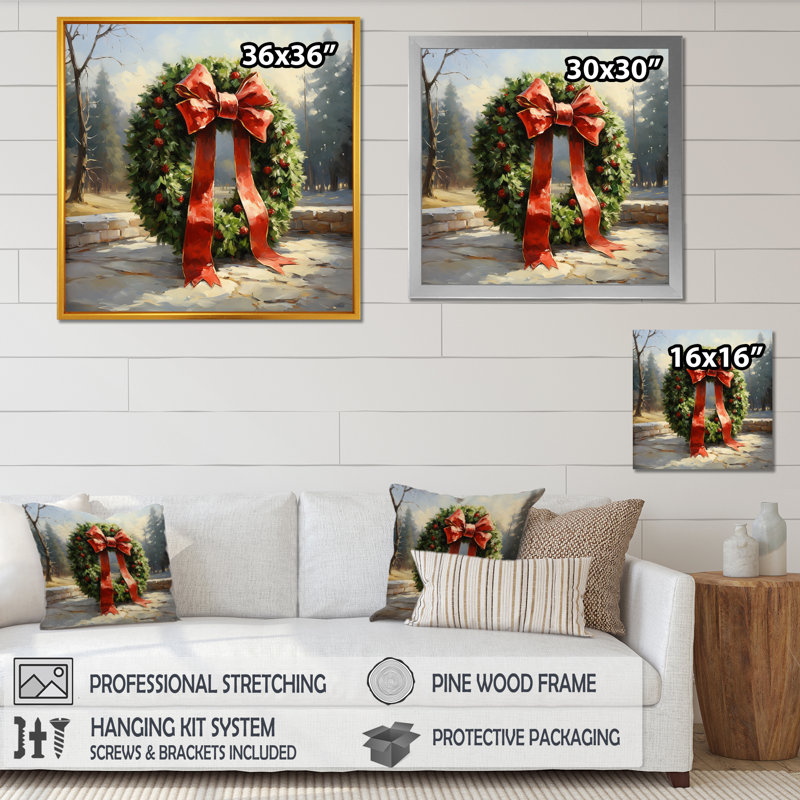 Couronne de Noël verte, hiver I - Couronne, art mural, Cadre flottant blanc, H 30 po x l 30 po x P 1,5 po