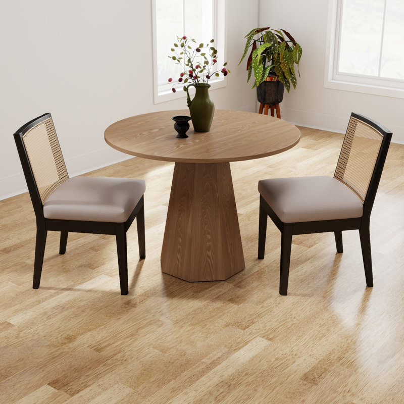 Round Dining Table Set, Mid Century Modern Small Round Dining Table Set, Saving Space, Beige/Black, 3 Pieces: Table, 2 Chairs