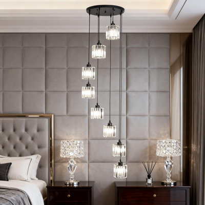 Modern Crystal Long Pendant Light Chandelier For High Ceilings, Raindrop Hanging Flush Mount Chandelier For Foyer Staircase Entryway With 8 Lights