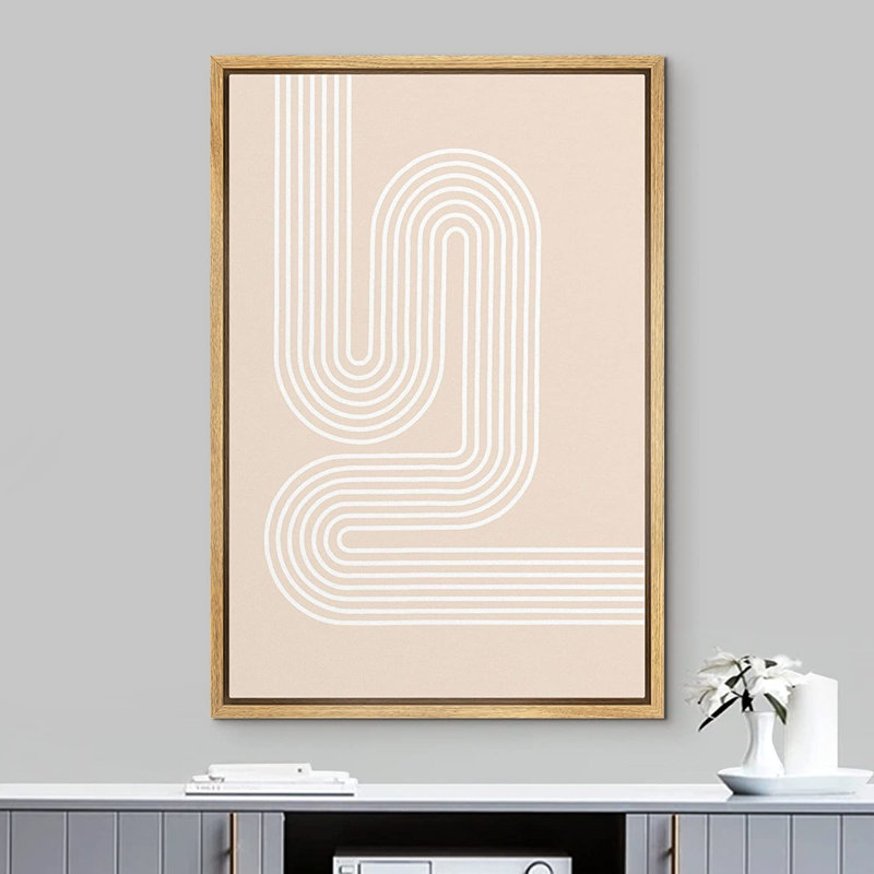 IDÉE4WALL, reproduction d'art sur toile encadrée, brun clair, rétro, motif de vague Mid-Century, formes abstraites, illustrations, minimalisme, géométrique décoratif pour le salon, la chambre à coucher, le bureau