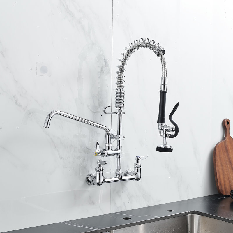 Commercial Sink Faucet Pre-Rinse Deck Mounted - 21" Tall, 8 Inch Center, 10" Add-On Spout, Coiled Spring Spray, Ceramic Filler, Brass Construction, , Modern Kitchen For Use Height, 8" Swing Finish