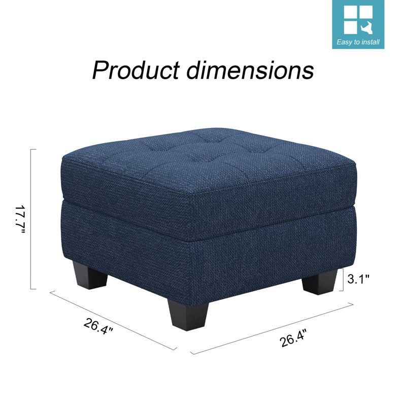 Repose-pieds rembourré en lin et velours Buckleton, Lin bleu