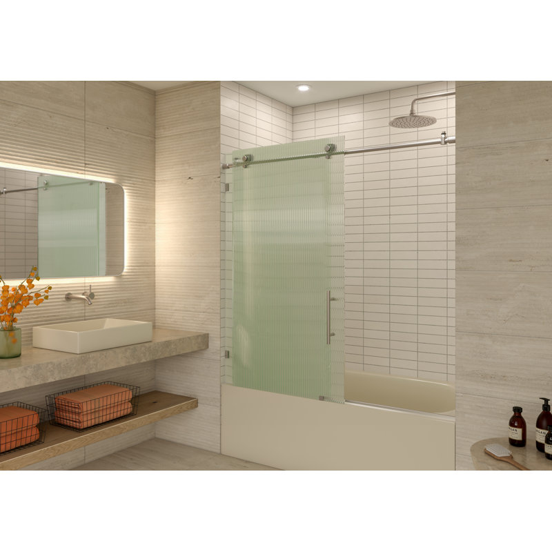 Galaxy 56 - 60 in. x 60 in. Fully Frameless Fluted Sliding Bathtub Door, Brushed Nickel, Right Hand