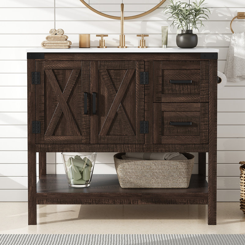 Chimira 35" Farmhouse Storage Bathroom Vanity with Sink Combo,Rustic Brown, Brown, 33.3'' H x 35'' W x 22'' D