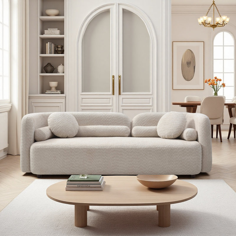 88" Upholstered Modern Curved Boucle Sofa With 4 Pillows, Beige, 34.65" H x 88.58" W x 28.35" D