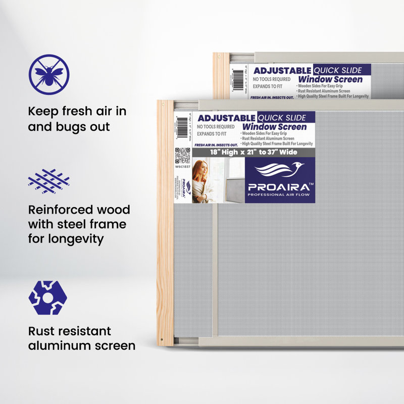 Adjustable Wood Frame Quick Slide Window Screen, 18" H x 37" W
