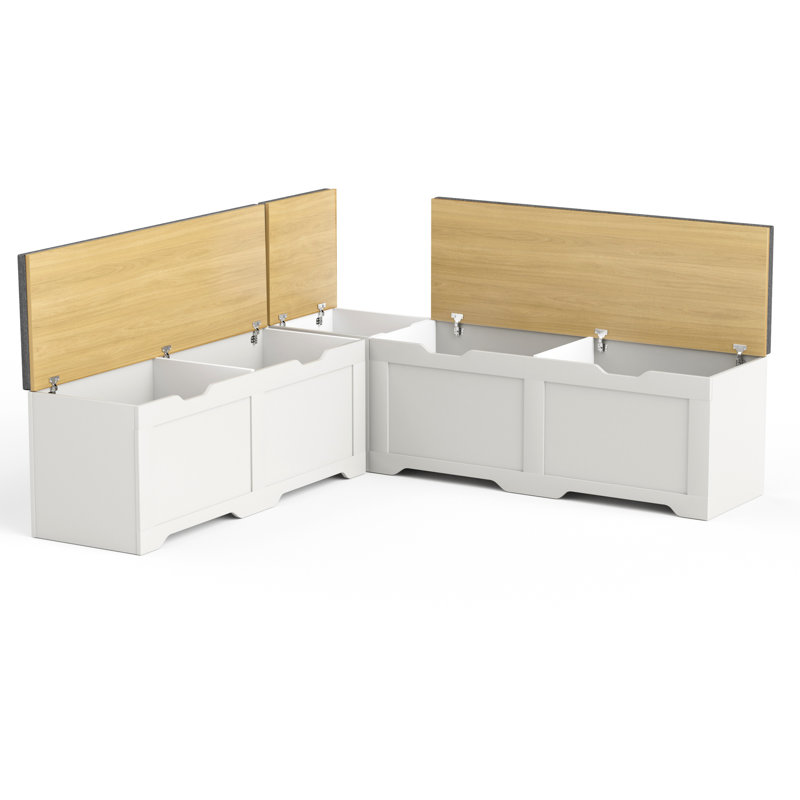 Banc de rangement multifonctionnel en forme de L 3 pièces avec coussin - Finition blanche et naturelle, banc de coin de cuisine, boîte de rangement pour jouets, siège de coin lecture, design minimaliste moderne (l 63 po x l 63 po x L 19,1 po)