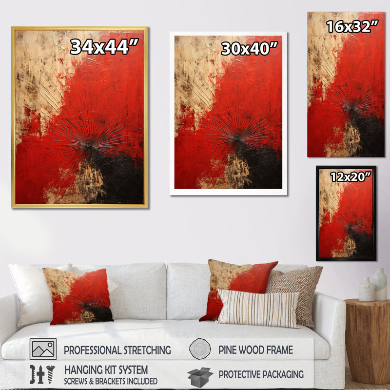 Red Ruby Rays - Formes abstraites, reproduction sur toile, H 32 po x l 16 po x P 1 po, Cadre simple noir