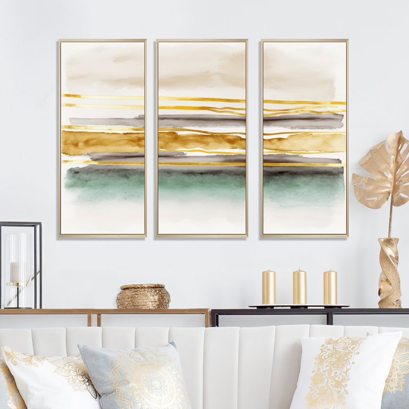 Golden Morning Glory III - 3 Piece Print on Canvas, 20" H x 36" W x 1" D, Natural Floater Framed Canvas