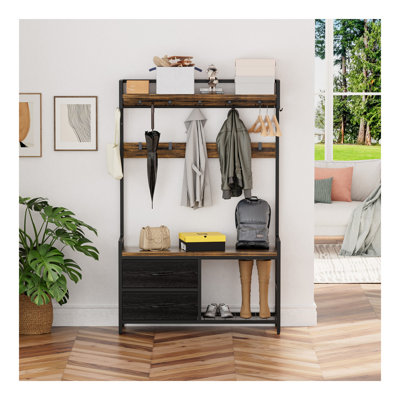 33.1" Wide Hall Tree With 2 Movable Drawers, Shoe Storage, Shelves And Garment Racks, 5-In-1 Entryway Bench With 23 Hooks
