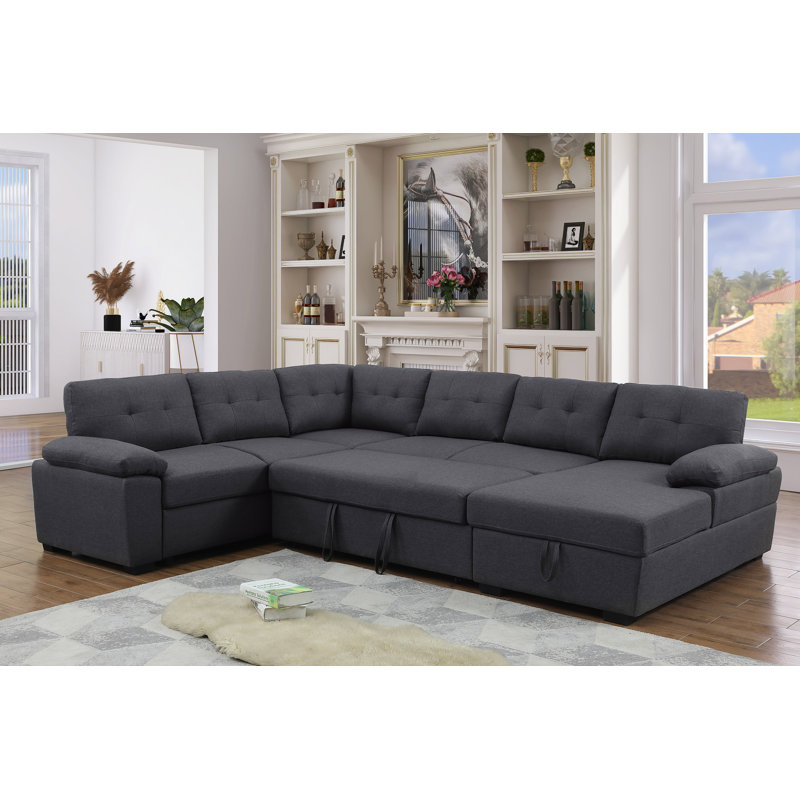 Aine 118" Wide Fabric Sectional Sleeper Sofa (Pull-Out Bed) With Storage Chaise, Dark Gray Microfiber/Microsuede