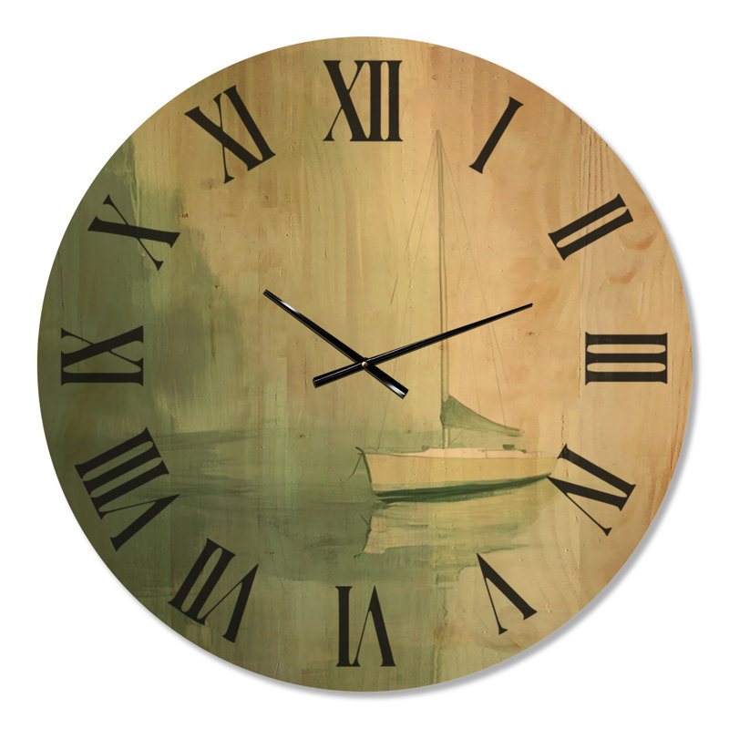 Horloge murale côtière « Voilier dans la brume verte », imprimée sur bois, Extra Large