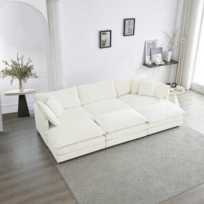 Canapé modulaire confortable en forme de U avec 3 repose-pieds et coussins. Structure en bois massif, chenille respirante, rembourrage en éponge de qualité. Blanc, siège. Matériaux d'assemblage faciles, base, tissu haut, éponge.