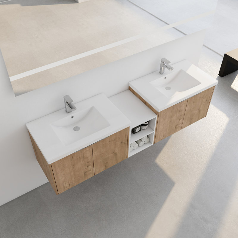 Meuble-lavabo moderne de 72 po avec lavabo, portes à fermeture silencieuse silencieuse, meuble-lavabo en résine, porte lisse, espace généreux