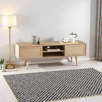 Console tissée avec tablette ajustable, longueur 53,69 po, pieds en bois massif, portes coulissantes doubles de couleur naturelle pour meuble de salon, espace