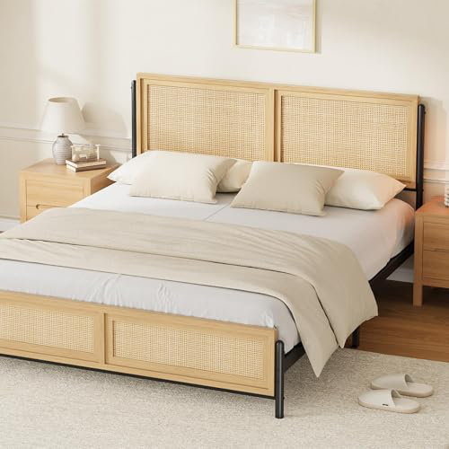 Cadre de lit en rotin avec tête et pied de lit en rotin naturel, cadre de lit plateforme Boho avec lattes en métal, rails latéraux en bois, rangement sous le lit