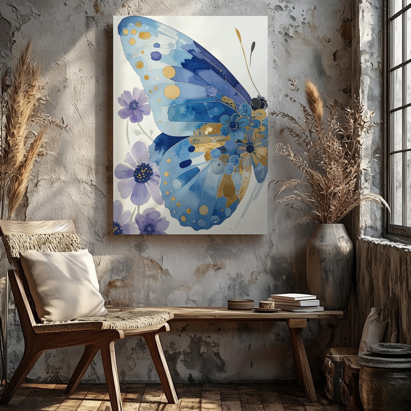 Un papillon de style aquarelle dans des tons de toile pastel doux principalement bleu clair avec des touches d'art mural de qualité supérieure prêt à accrocher moderne