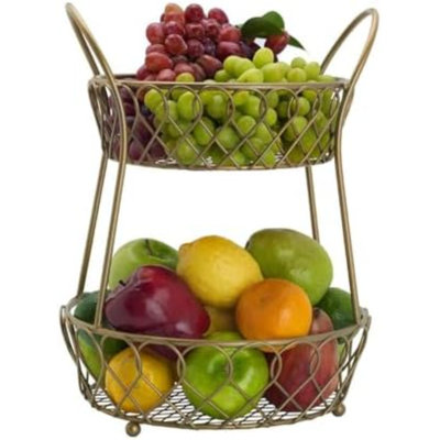 Loop And Lattice Metal 2-Tier Round Fruit Storage Basket, Matte Gold,5 Quarts