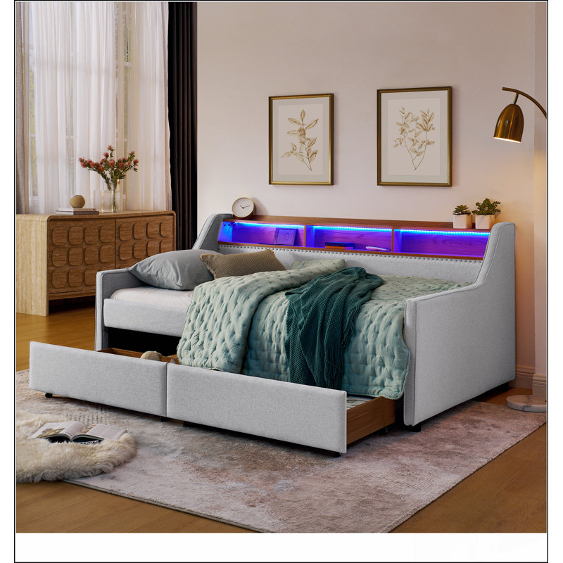 Canapé-lit simple rembourré avec trois lumières DEL et rangement, tête de lit réglable pour un confort moderne