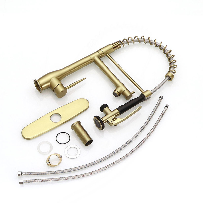 Commercial Brushed Gold Kitchen Faucet With Pull Down Sprayer,Faucet With Deck Plate,Single Handle Single Lever Kitchen Sink Faucet