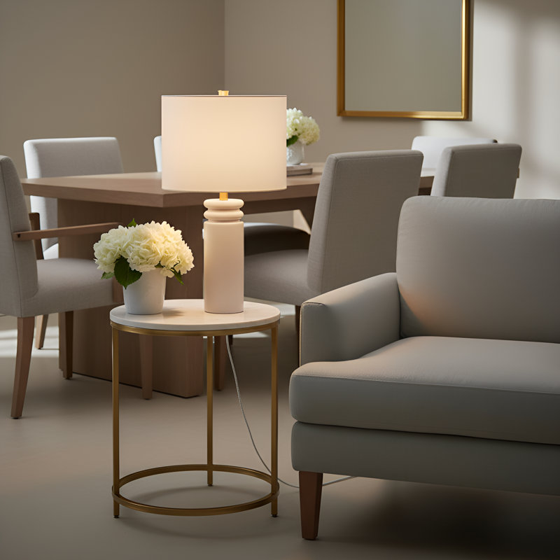 Ellen Degeneres Feikudo 1 Light Bedroom Home Office Living Room Lamp In Glossy Finish With Linen Shade, White