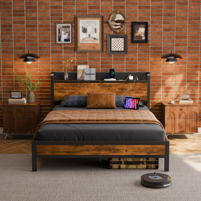 Bed Frame with Storage Headboard, Metal Platform Bed Frame, LED Lights and Charging Station by Wrought Studio