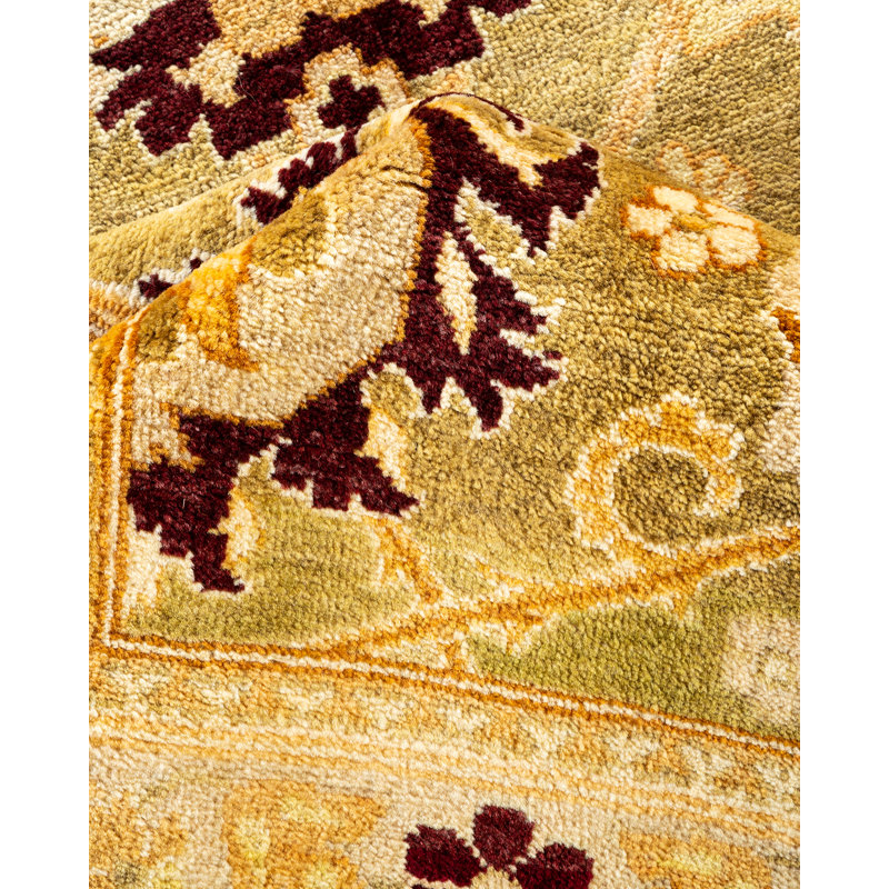 Tapis unique noué à la main olive, ivoire, marron et orange noué à la main 9 pi x 12 pi 4 po Tyanna Eclectic