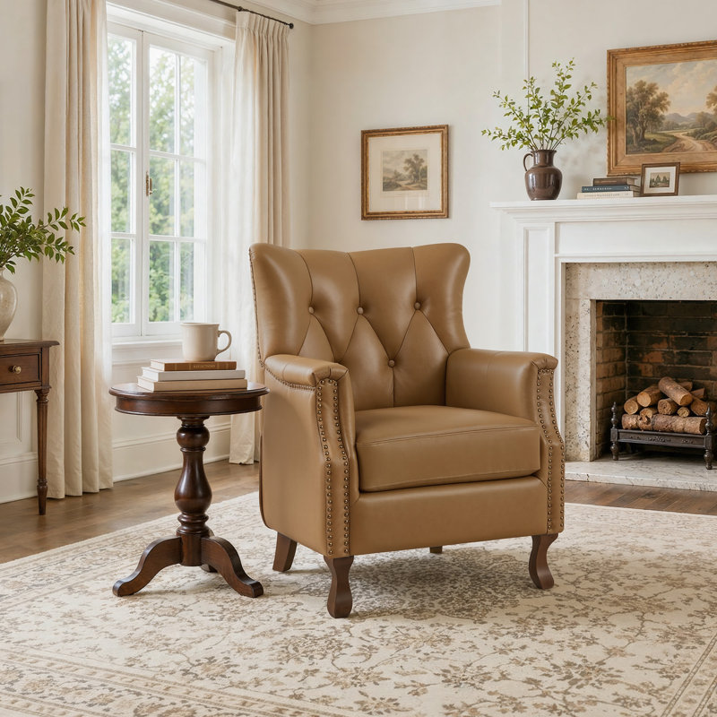 Fauteuil Redi 29,5 po L en cuir véritable, style moderne du milieu du siècle, avec dossier capitonné, pieds en bois massif et garniture cloutée.