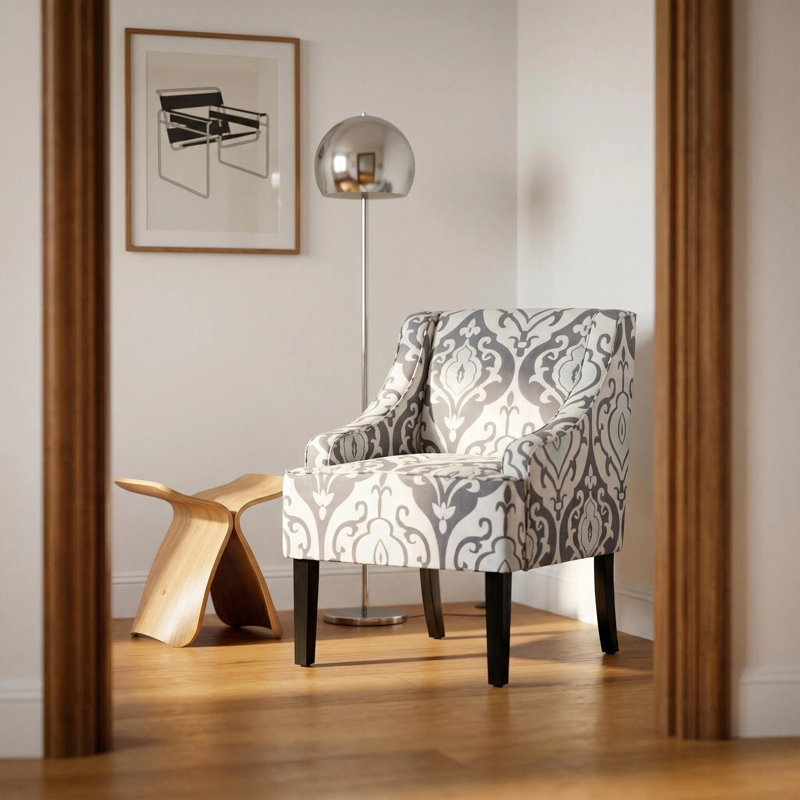 Chaise d'appoint rembourrée polyvalente, structure en bois massif, tissu en polyester, blanc et gris, H 34 po