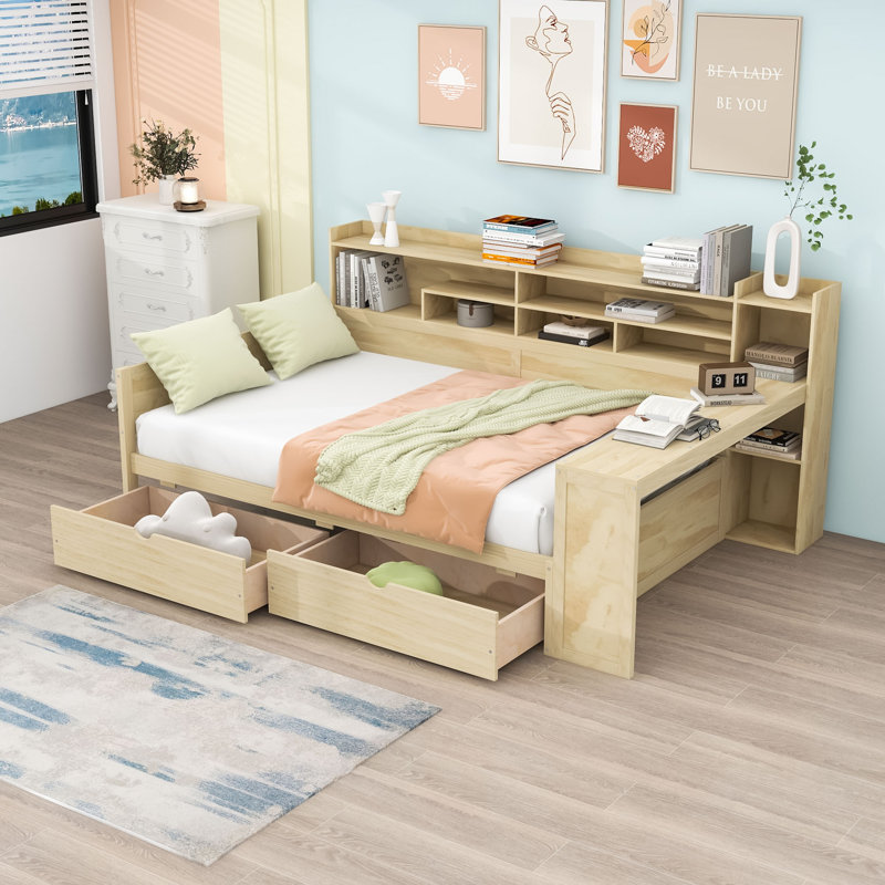 Wood 2 Drawers Daybed with Built-in Desk and Storage Shelves, Natural, Full / Double
