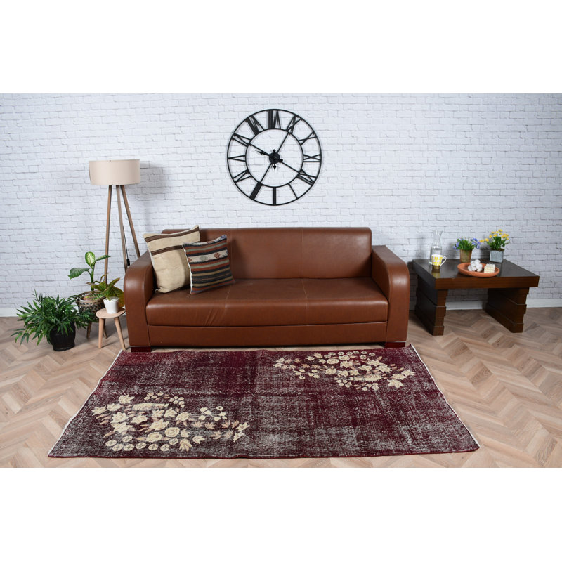 Tapis turc rétro Oushak de conception florale mauve en laine, idéal pour la chambre à coucher et l'ambiance douillette