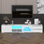 Meuble télé moderne à DEL, console multimédia avec porte en verre cannelé et 2 tiroirs-263581003