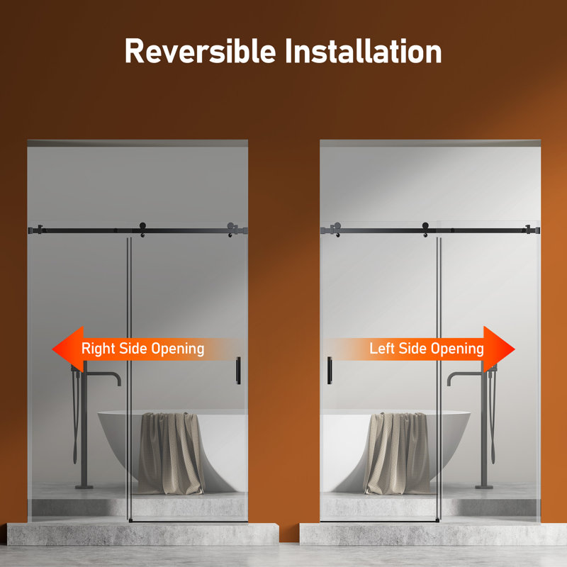 50"-54" W X 76" H Frameless Single Sliding Shower Door,  5/16" (8Mm) Thickened Upgrade Tempered Glass Door, Smooth Roller Stainless Steel Hardware, Reversible Mounted Modern Bathroom Enclosure