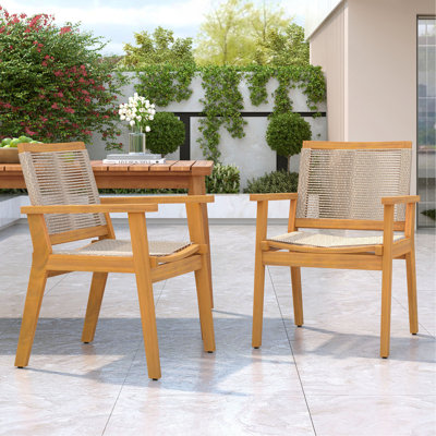 Ensemble de 2 chaises de salle à manger d'extérieur, structure en bois au fini teck et corde brune, style cour naturelle, capacité de 400 lb