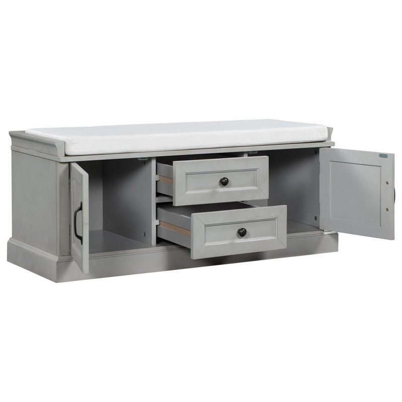 Storage Bench With 2 Drawers And 2 Cabinets, Gray Wash