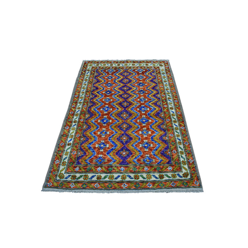 Tapis en laine vert/bleu/rouge 4 pi x 5 pi 10 po one-of-kind-noué la main