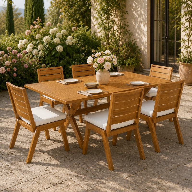 Ensemble de salle à manger d'extérieur en bois d'acacia avec coussins 7 pièces Solviera
