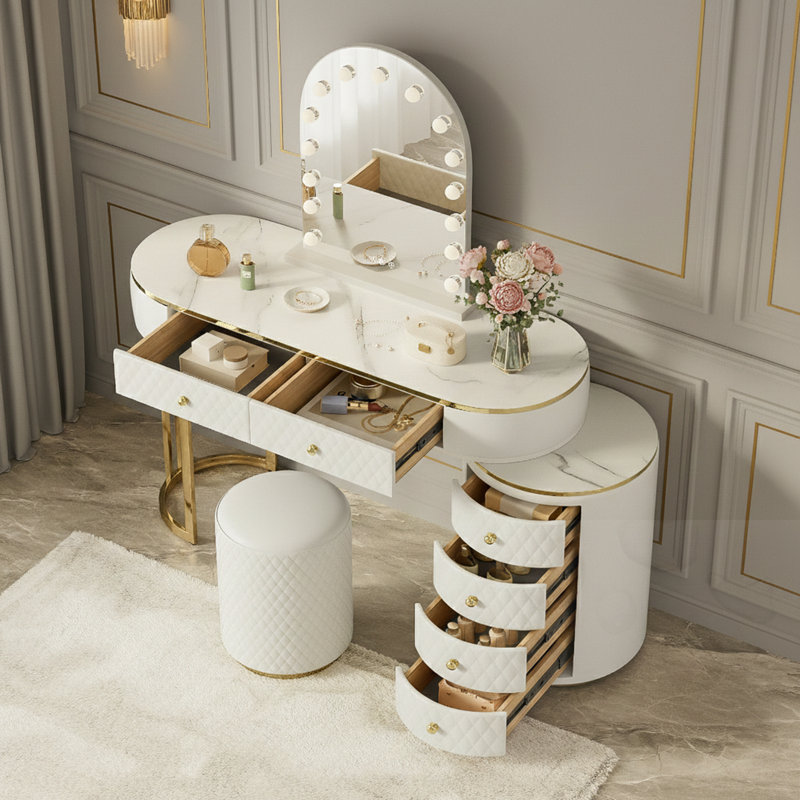 Table de coiffeuse 3 couleurs à DEL avec tabouret et armoire d'appoint mobile