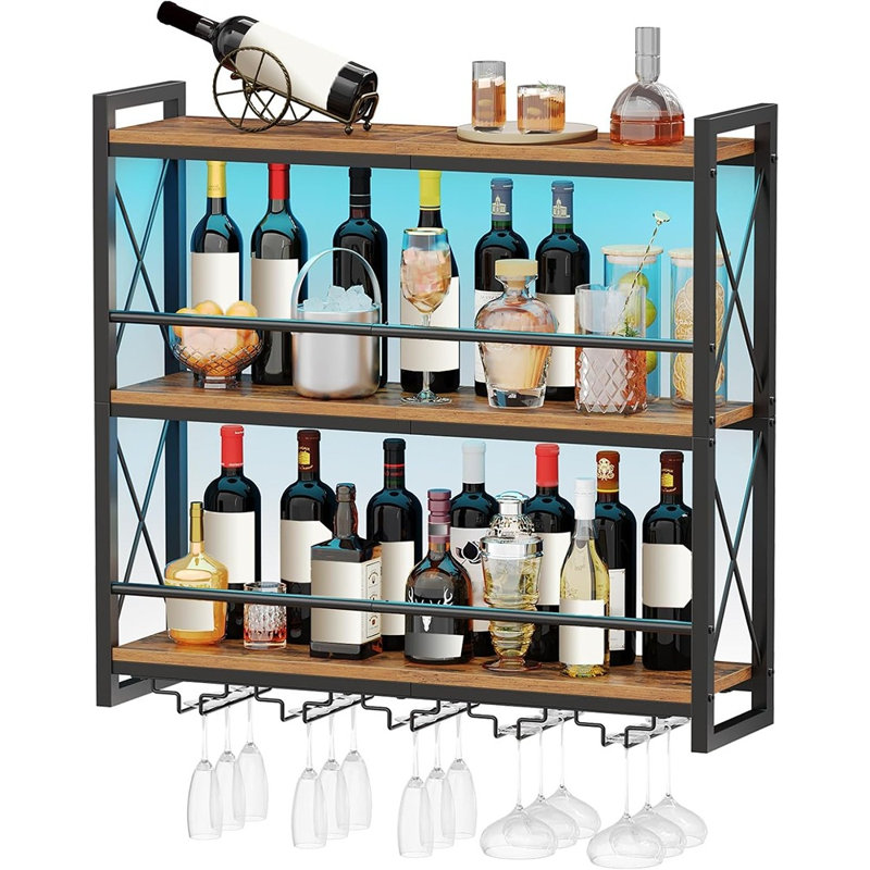Étagère à vin murale avec éclairage DEL, étagère à bouteilles et porte-verres à vin, organisateur de rangement et de présentation suspendu pour bar, cuisine et salle à manger.