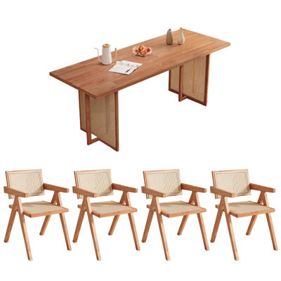 Simple durable rubberwood rattan dining table set