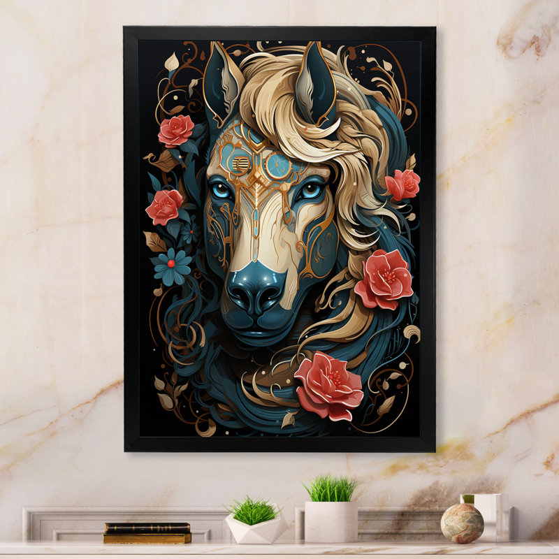 Portrait rétro d'un cheval blanc avec des roses rouges sur toile, Cadre simple noir, H 20 po x l 12 po x P 1 po