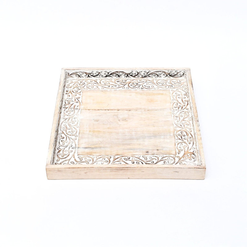 Plateau de service en bois blanc délavé | Plateau décoratif en bois de manguier avec bordure sculptée pour table basse | Repose-pieds | Cuisine et décoration intérieure
