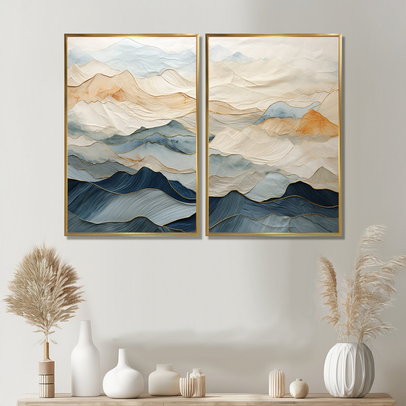 Majestic Mountain Peaks - Art mural traditionnel, 36" H x 48" W, Impression encadrée flottante, Gold