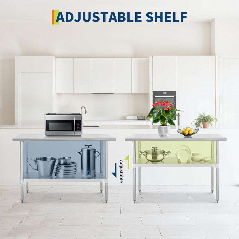 Heavy Duty Stainless Steel Table,  NSF Certified Kitchen Prep Table with Adjustable Shelf, 430+260 Lbs Capacity, Rust Resistant & Easy to Clean for Commercial & Home Use