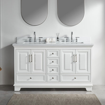 Meuble-lavabo double autoportant de 60 po 60 po, de couleur blanche, entièrement fabriqué, en bois massif, avec mécanisme de fermeture en douceur, plateau en marbre d'ingénierie, meuble-lavabo de style américain en blanc, armoire, fonction fermée,